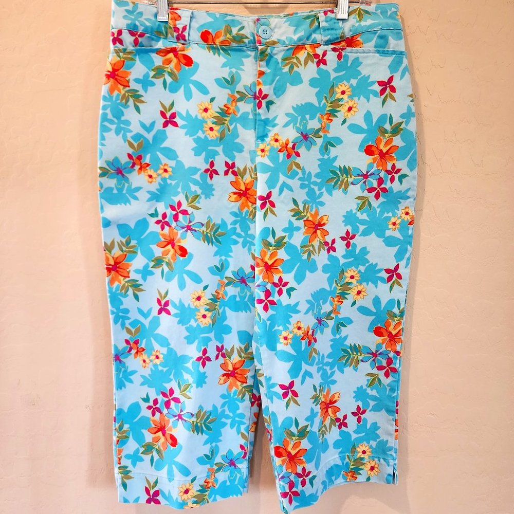 Floral White Stag Blue Capris Pants with Multi Color Flowers Stretch SZ 14